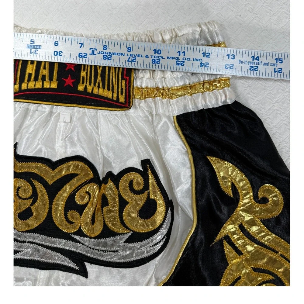 Thai Boxing Muay Thai Shorts Mens L Black White Gold Embroidered EUC